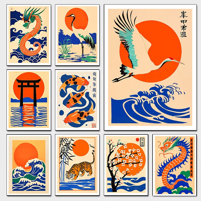 Japanese Living Lifestyle - Retro ญี่ปุ่นภาพประกอบผ้าใบพิมพ์มังกร Koi Fish Crane Wave
