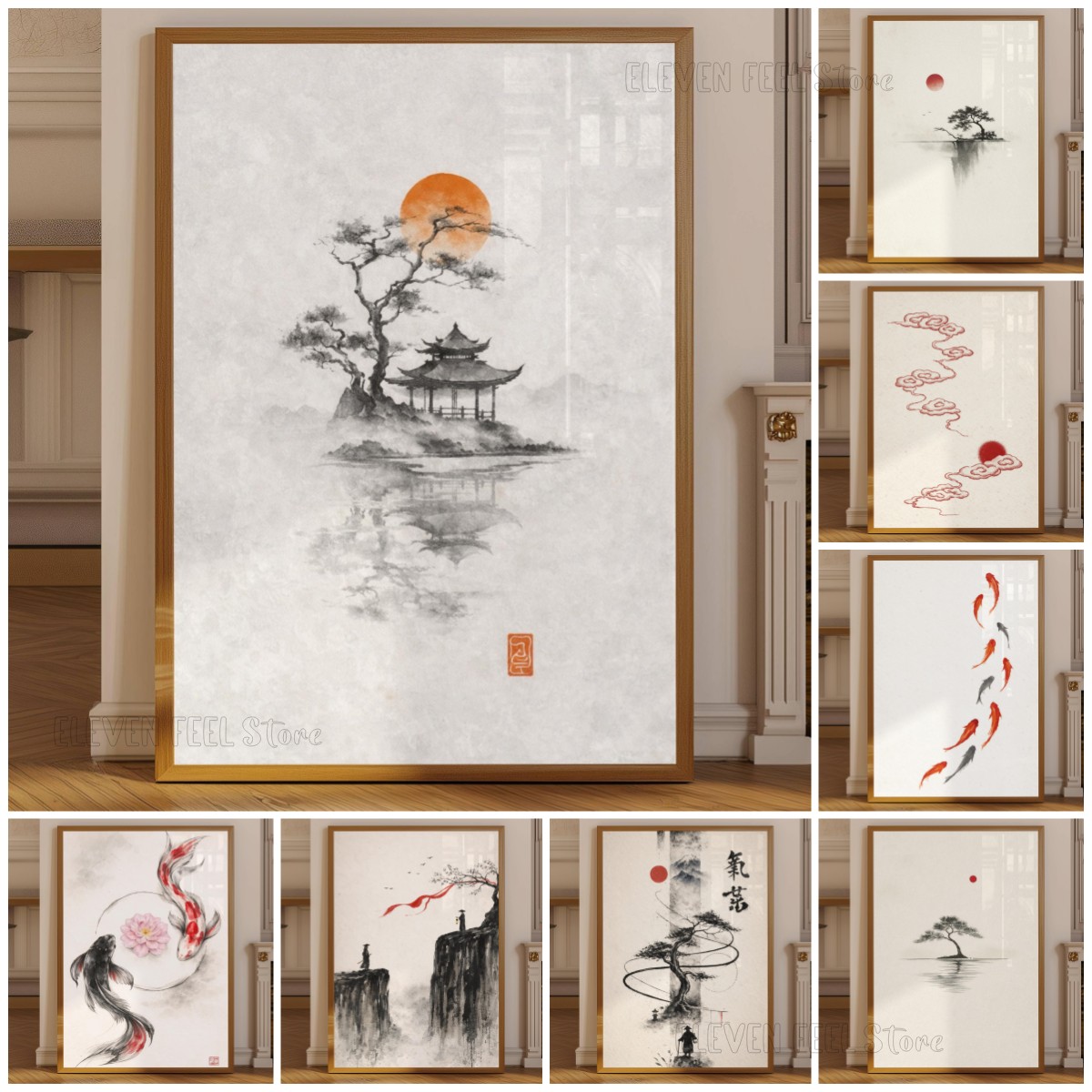 Japanese Minimalist Lifestyle - โปสเตอร์ต้นไม้หมึกญี่ปุ่น วาบิ ซาบิ บอนไซ งานศิลปะติดผนัง พร้อมพระอาทิตย์สีแดง