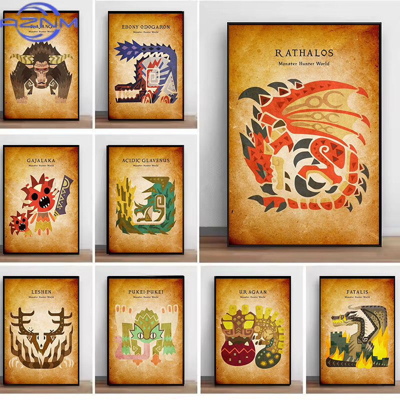 Japanese Living Lifestyle - AZNM เกมญี่ปุ่นภาพวาดแคนวาสวินเทจภาพศิลปะติดผนังโปสเตอร์มอนสเตอร์ฮันเตอร์และภาพพิมพ์สำหรับห้องนั่งเล่นตกแต่งบ้าน